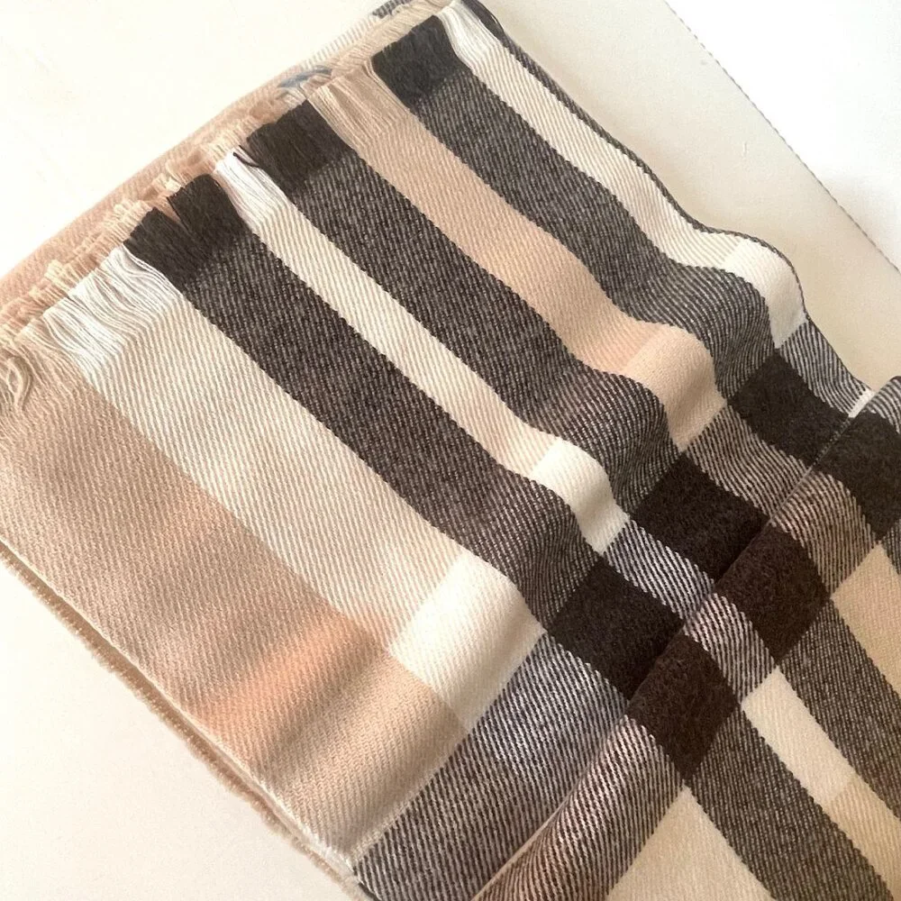 Fraas Plaid Tartan Cashmink Throw Blanket Beige Large Fringe Woven